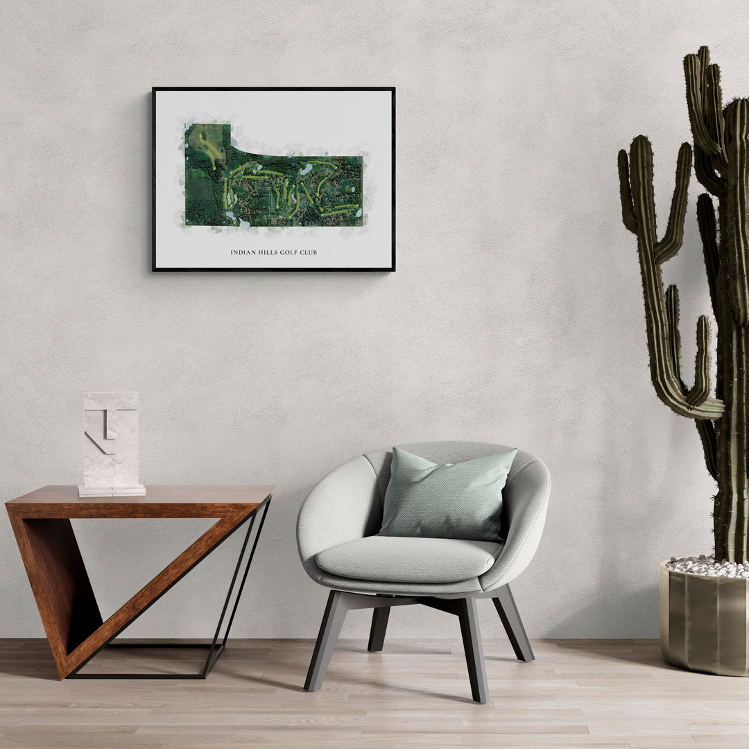 Classic Map of Indian Hills Golf Club in a living room with large cactus plant