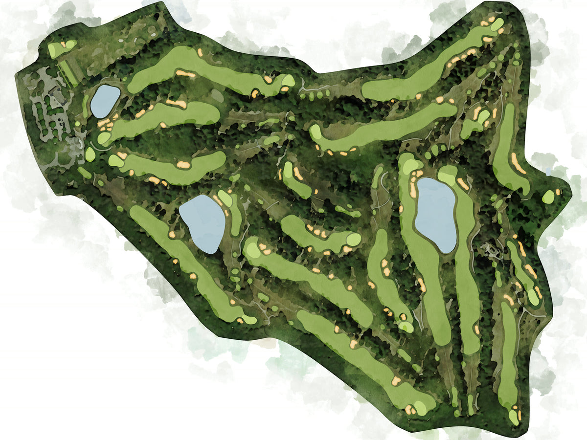 Close-up of the Cape Cod National Golf Club Classic artwork: fairways, greens, bunkers, ponds and woods